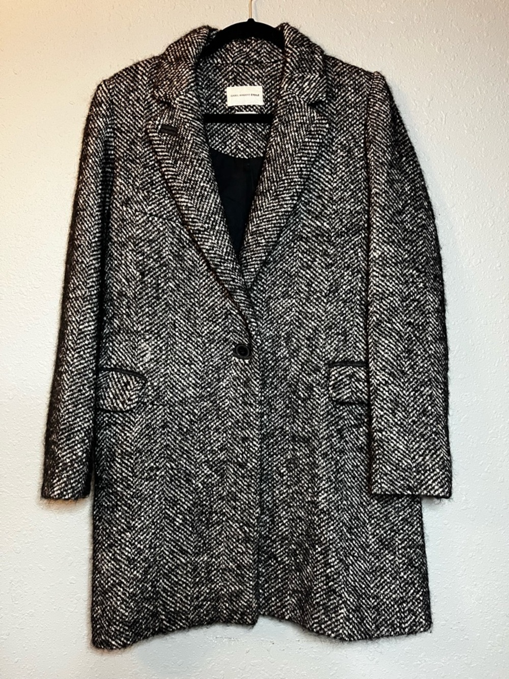 Isabel Marant Black & White Herringbone Wool Blend Trench Coat
